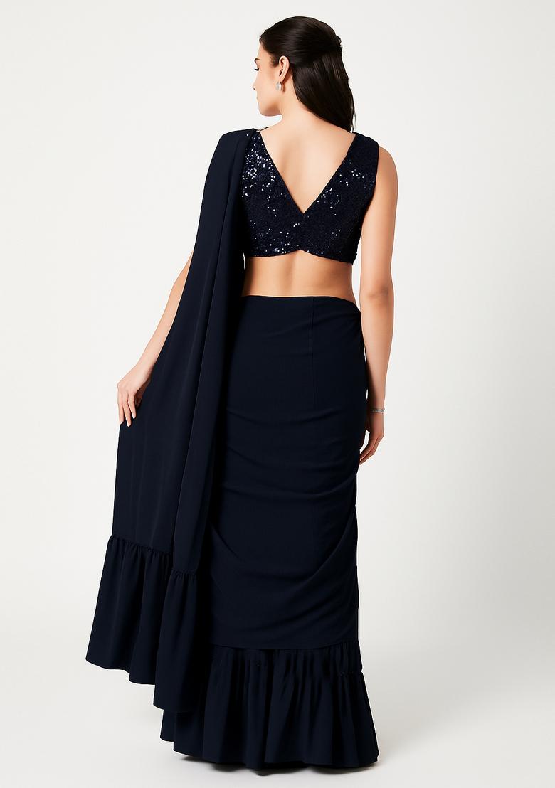Deep Blue Embellished Blouse Georgette Pre Draped Saree Set - Indya