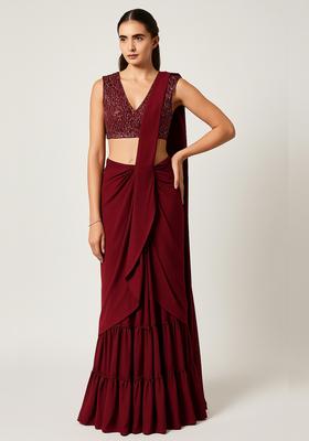 Maroon Embellished Blouse Georgette Pre Draped Saree Set