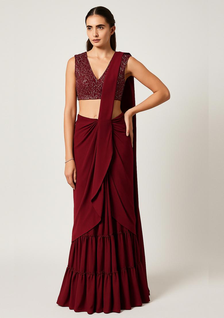 Maroon Embellished Blouse Georgette Pre Draped Saree Set