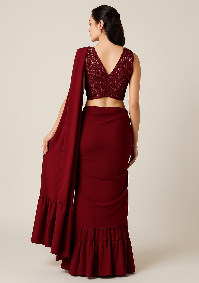 Maroon Embellished Blouse Georgette Pre Draped Saree Set