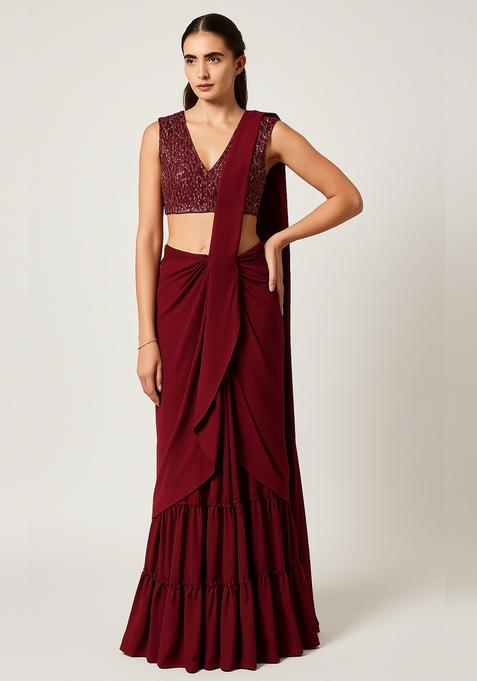 Maroon Embellished Blouse Georgette Pre Draped Saree Set