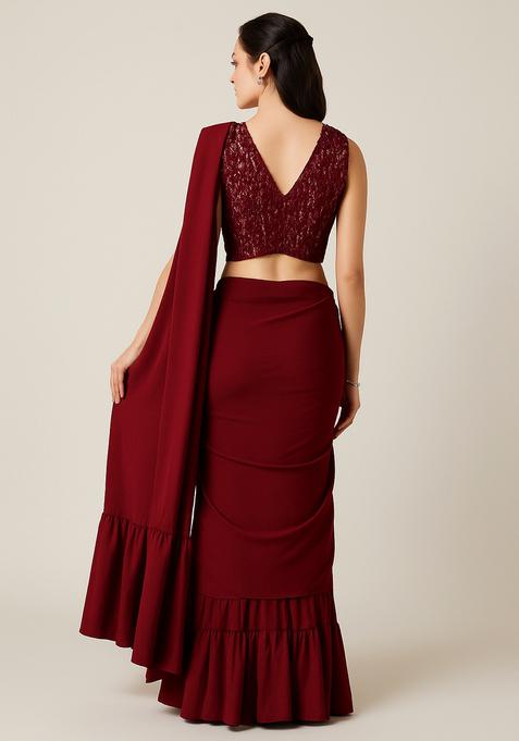 Maroon Embellished Blouse Georgette Pre Draped Saree Set