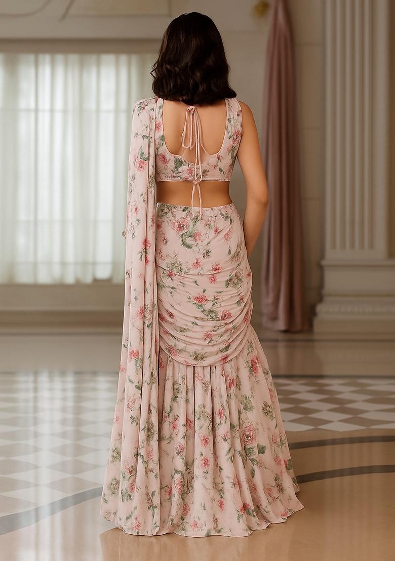 Beige Printed Georgette Lehenga Set