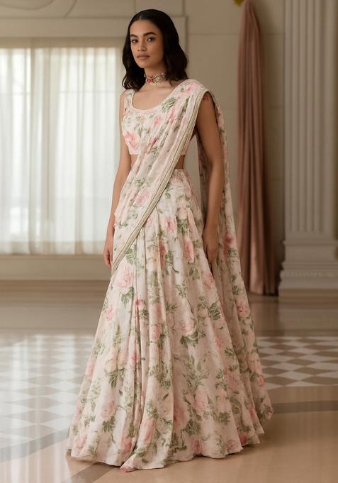 Beige Printed Georgette Lehenga Set