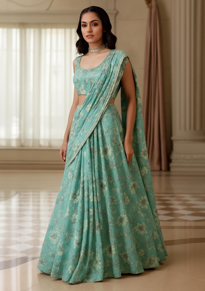 Light Green Printed Georgette Lehenga Set