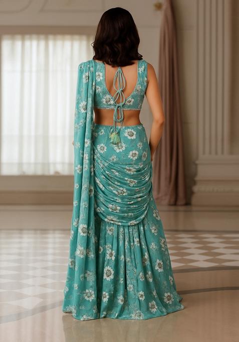 Light Green Printed Georgette Lehenga Set