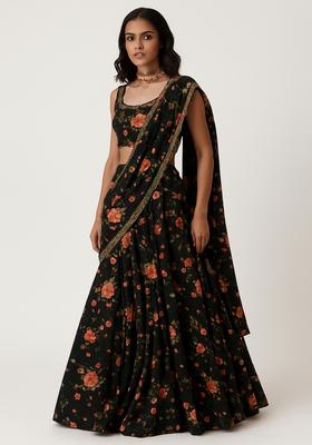Black Printed Georgette Lehenga Set