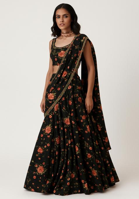 Black Printed Georgette Lehenga Set
