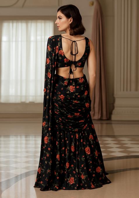Black Printed Georgette Lehenga Set