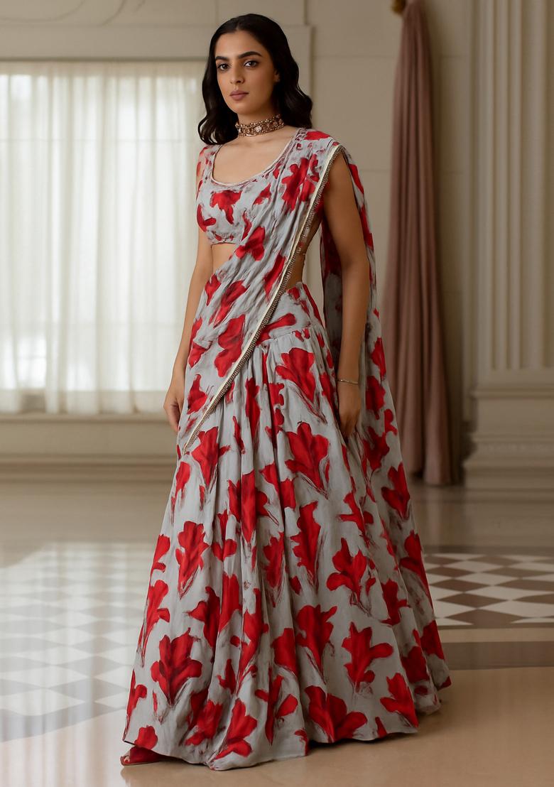 Grey Printed Georgette Lehenga Set