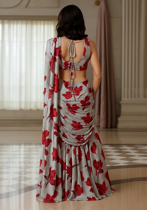 Grey Printed Georgette Lehenga Set