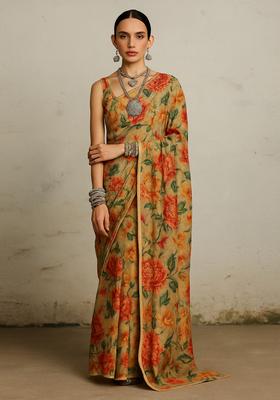 Beige Printed Tussar Pre Draped Saree Set