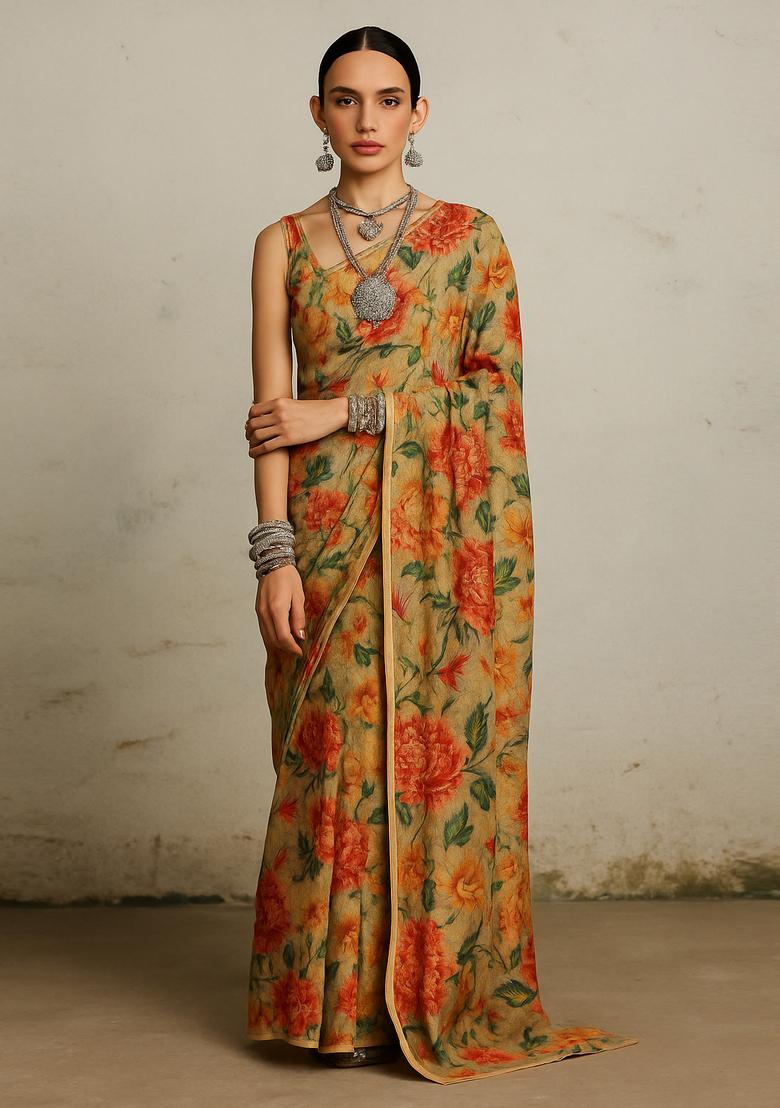 Beige Printed Tussar Pre Draped Saree Set