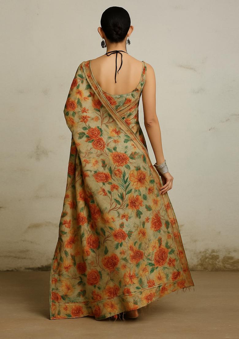 Beige Printed Tussar Pre Draped Saree Set