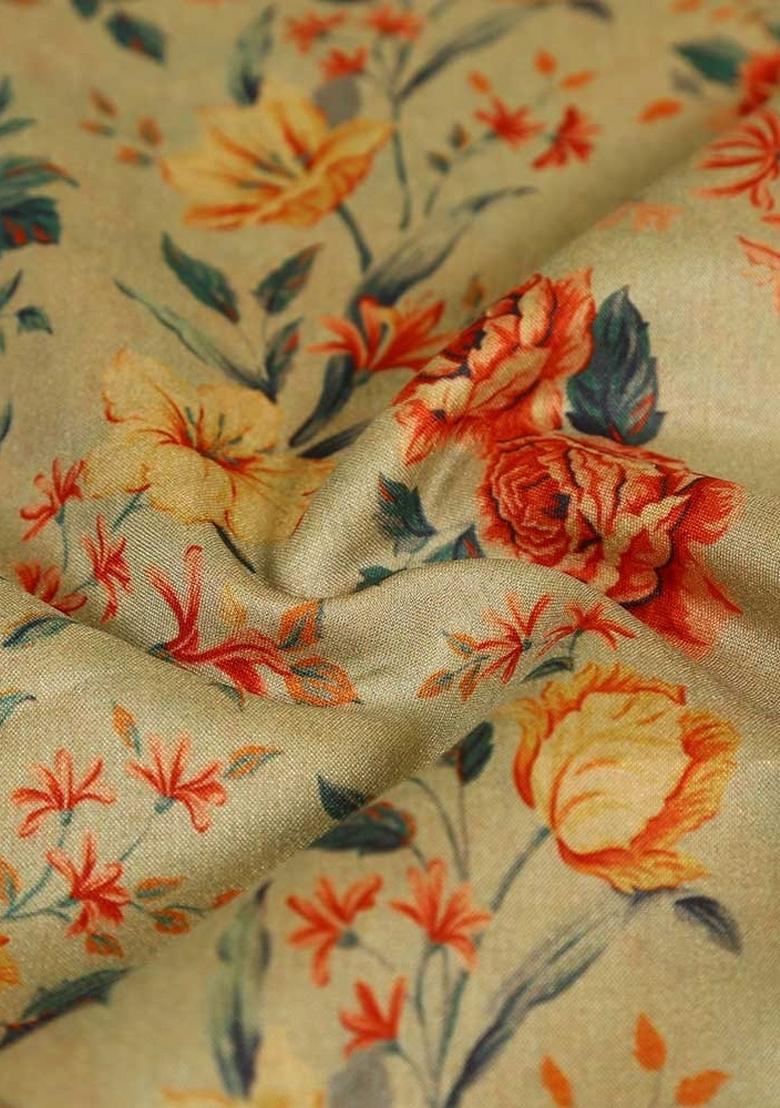 Beige Printed Tussar Pre Draped Saree Set