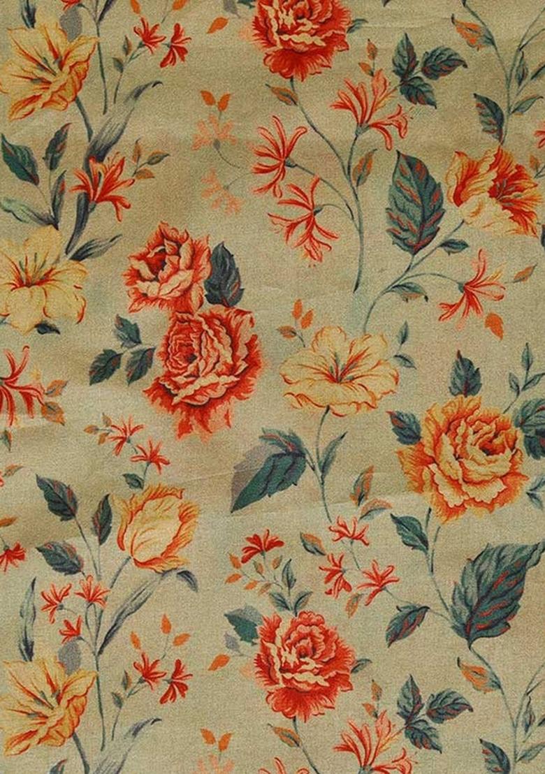 Beige Printed Tussar Pre Draped Saree Set