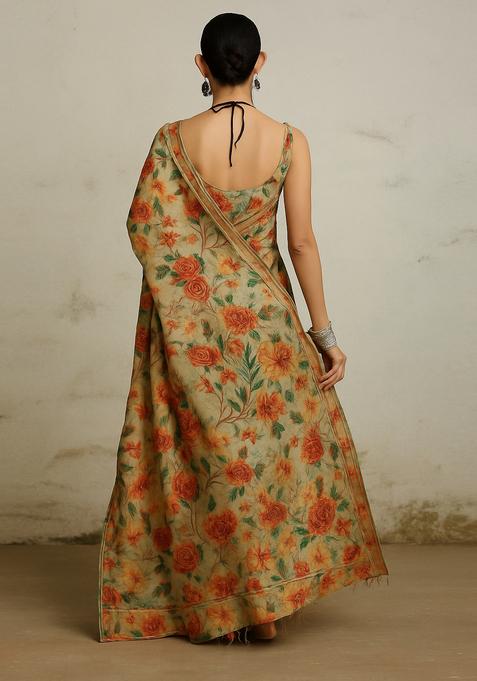 Beige Printed Tussar Pre Draped Saree Set