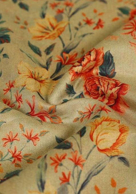 Beige Printed Tussar Pre Draped Saree Set