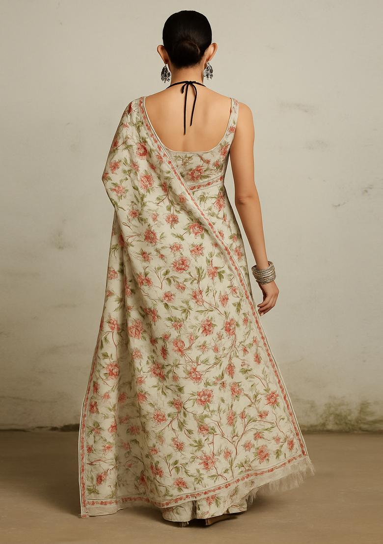 Beige Printed Tussar Pre Draped Saree Set