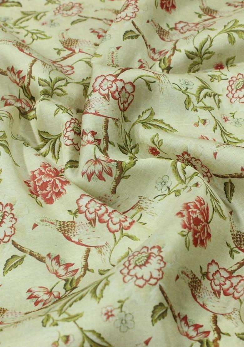 Beige Printed Tussar Pre Draped Saree Set