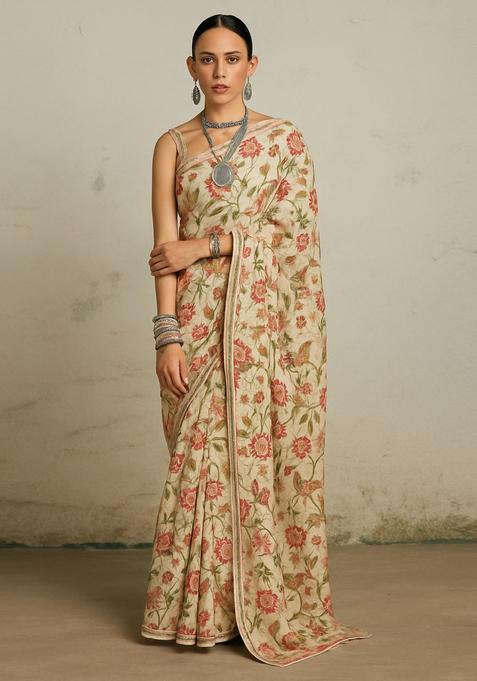 Beige Printed Tussar Pre Draped Saree Set