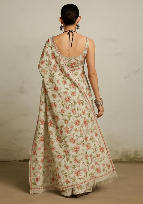 Beige Printed Tussar Pre Draped Saree Set