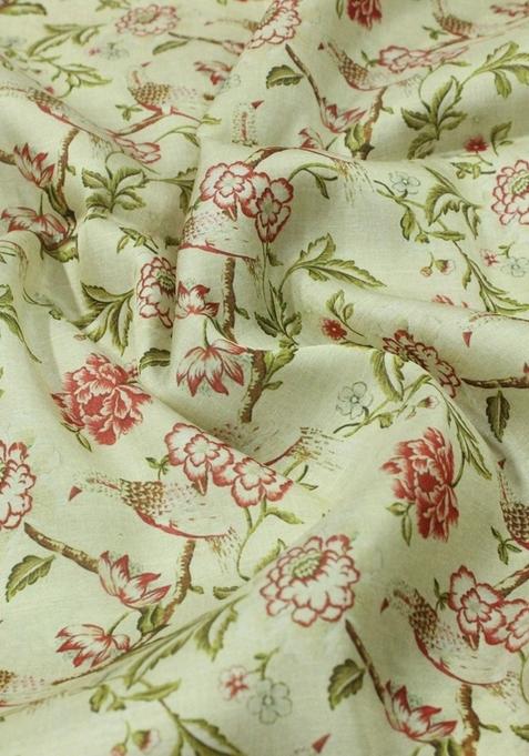 Beige Printed Tussar Pre Draped Saree Set