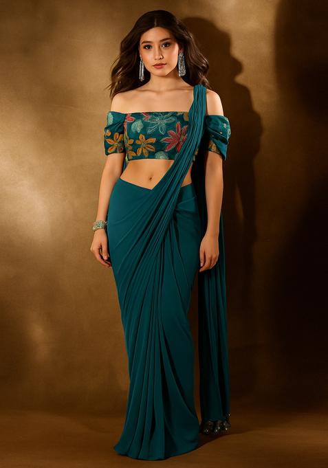 Blue Embellished Blouse Georgette Pre Draped Saree Set