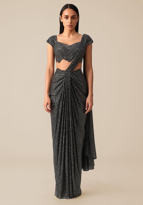 Silver Embellished Lurex Pre Draped Saree Set