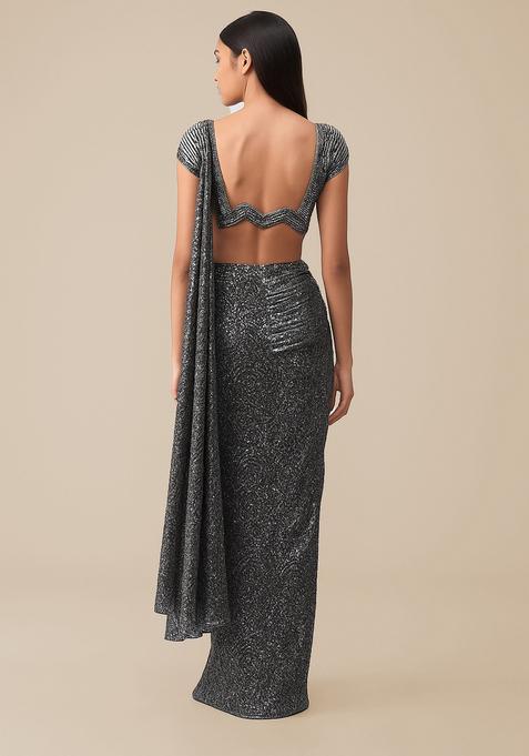 Silver Embellished Lurex Pre Draped Saree Set
