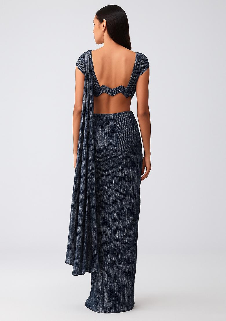 Teal Blue Embellished Lurex Pre Draped Saree Set