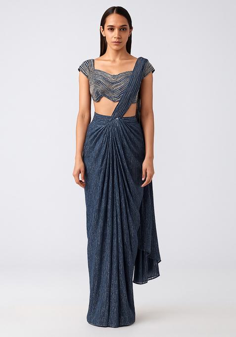 Teal Blue Embellished Lurex Pre Draped Saree Set