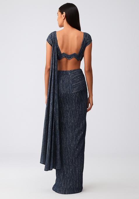 Teal Blue Embellished Lurex Pre Draped Saree Set