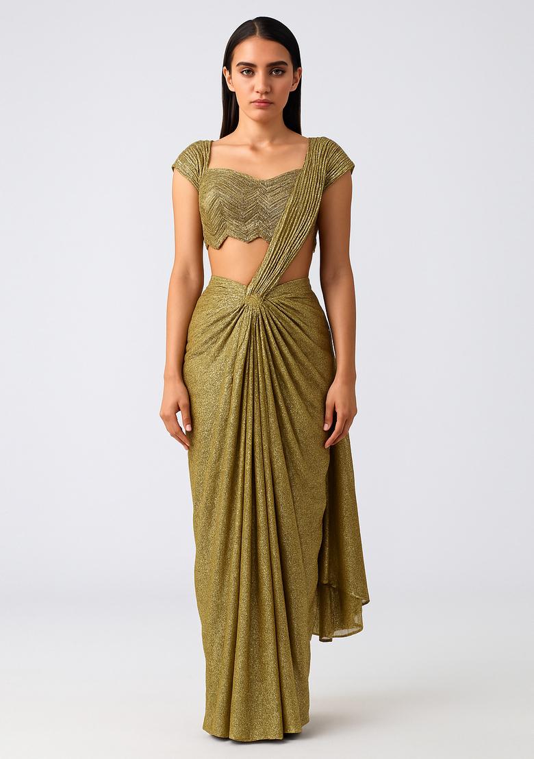 Gold Embellished Lurex Pre Draped Saree Set