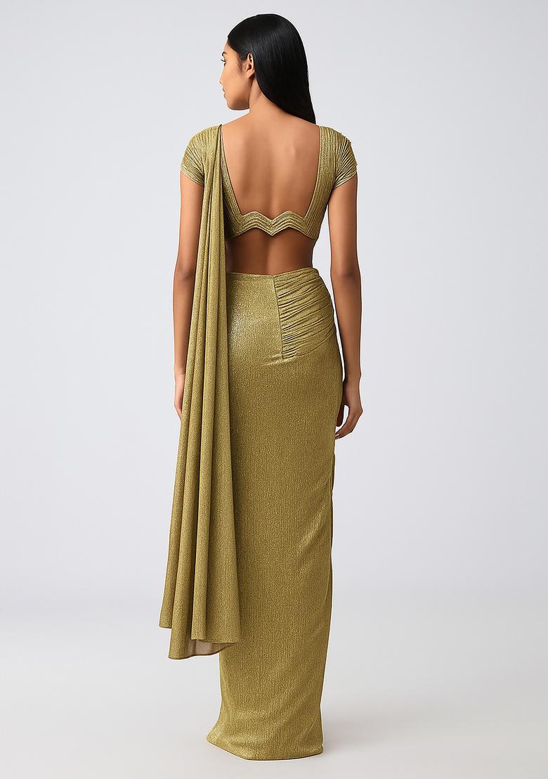 Gold Embellished Lurex Pre Draped Saree Set