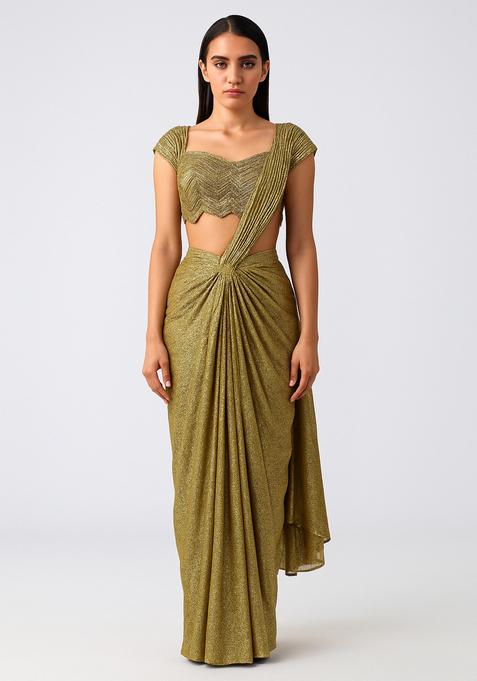 Gold Embellished Lurex Pre Draped Saree Set