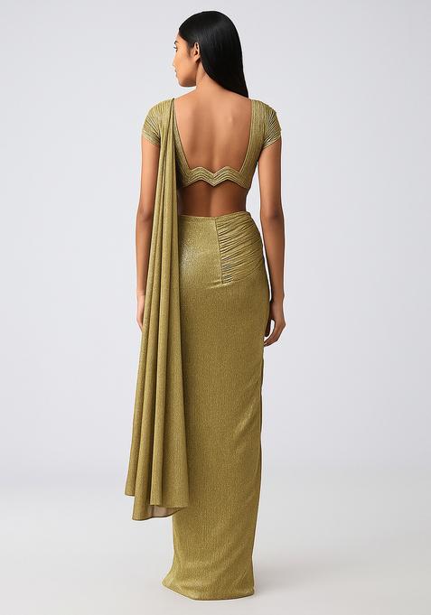 Gold Embellished Lurex Pre Draped Saree Set