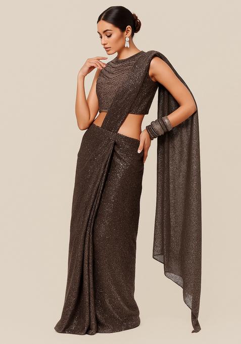 Brown Embellished Lurex Pre Draped Saree Set