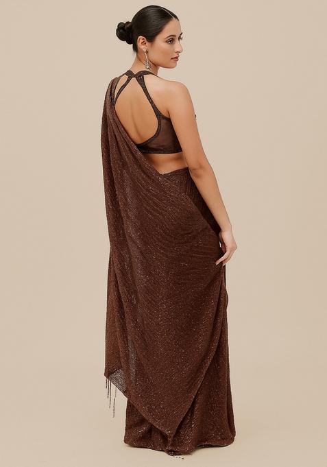 Brown Embellished Lurex Pre Draped Saree Set