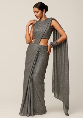 Silver Sequin Embellished Lurex Pre Draped Saree Set