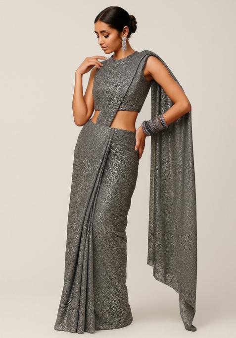Silver Sequin Embellished Lurex Pre Draped Saree Set