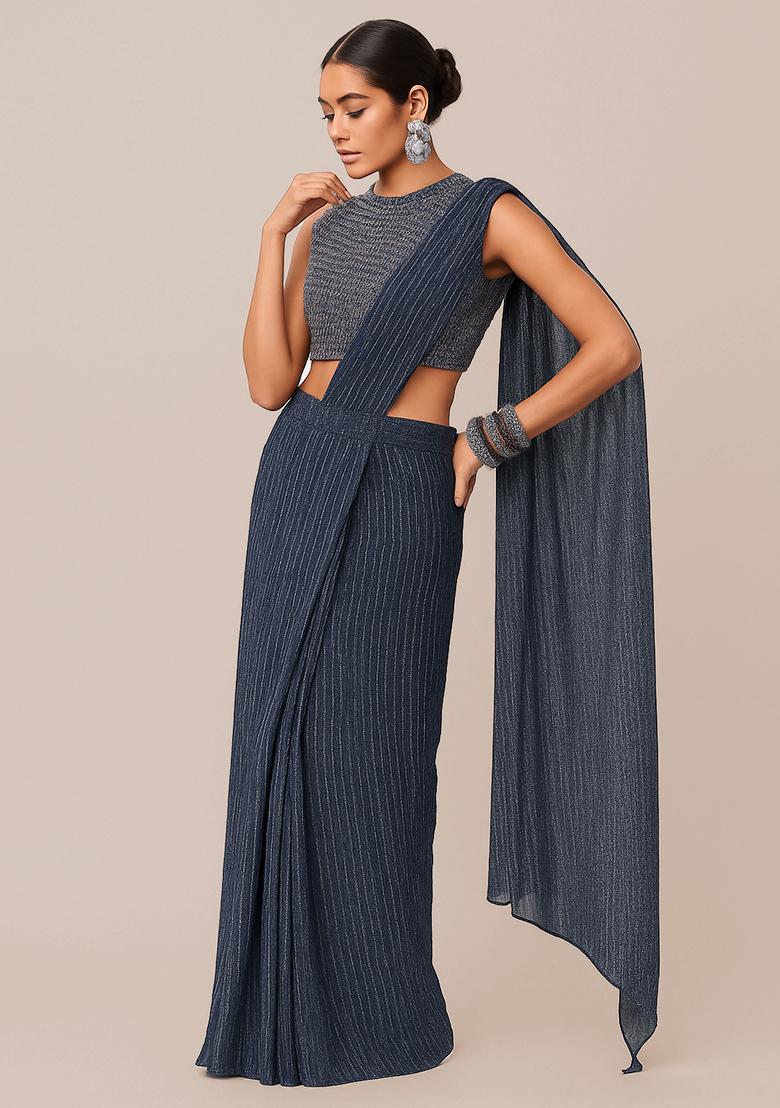 Teal Blue Embellished Lurex Pre Draped Saree Set