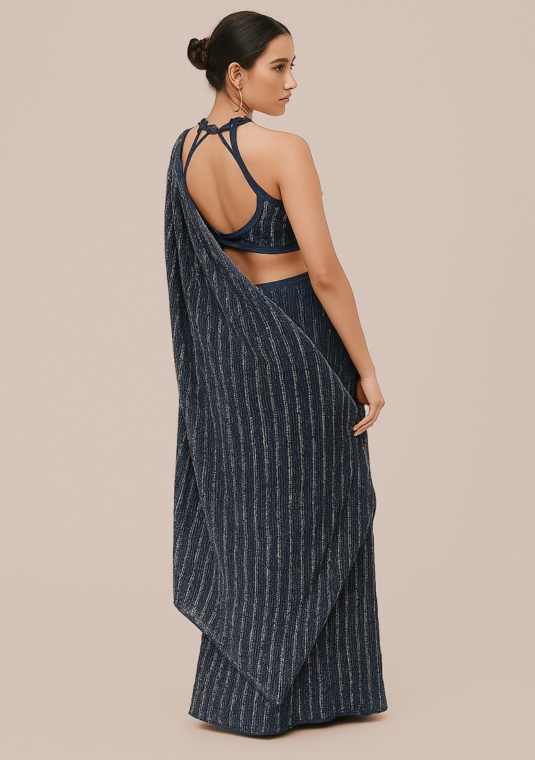 Teal Blue Embellished Lurex Pre Draped Saree Set