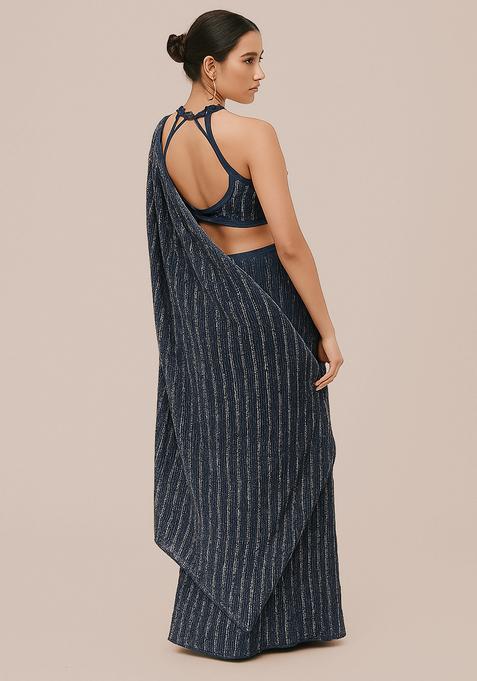 Teal Blue Embellished Lurex Pre Draped Saree Set