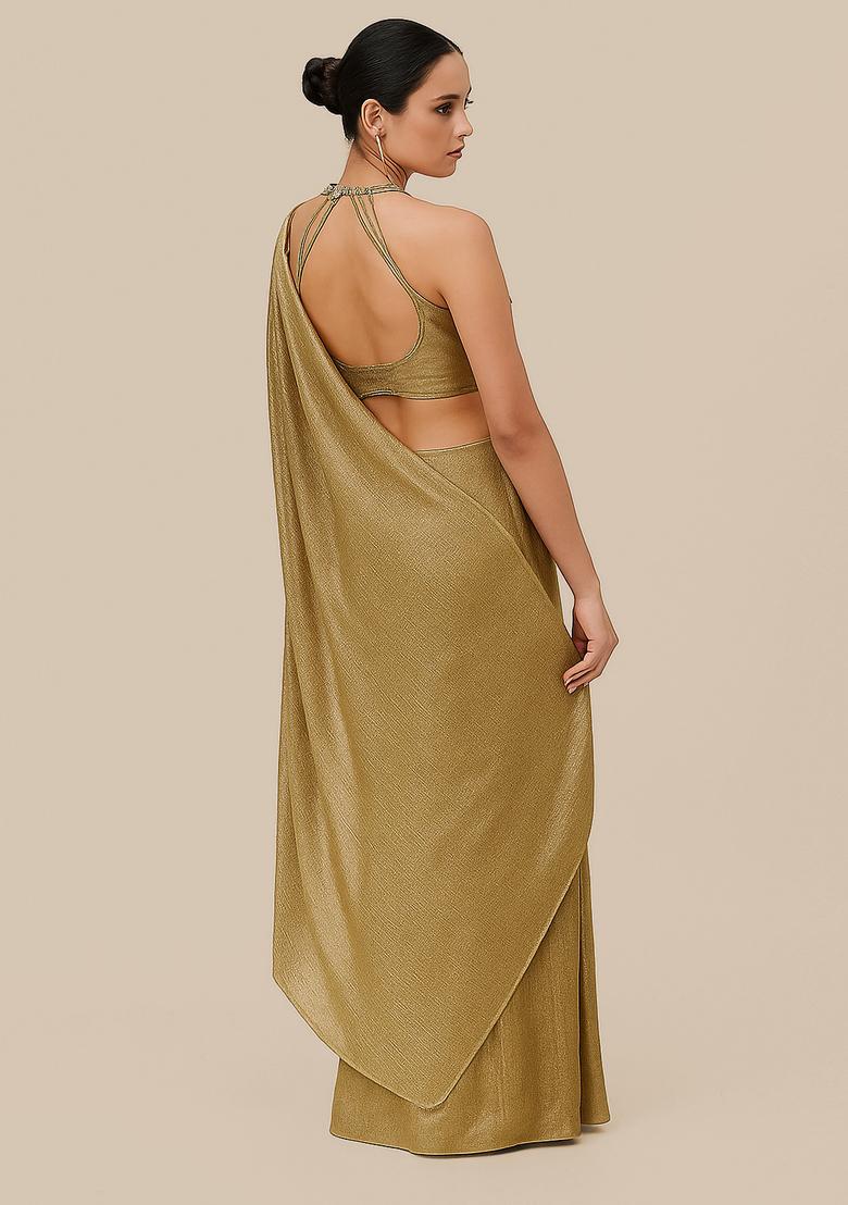 Gold Embellished Lurex Pre Draped Saree Set