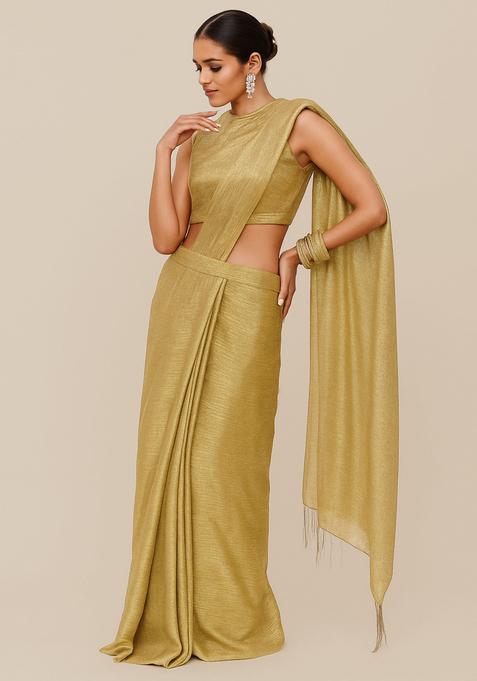 Gold Embellished Lurex Pre Draped Saree Set