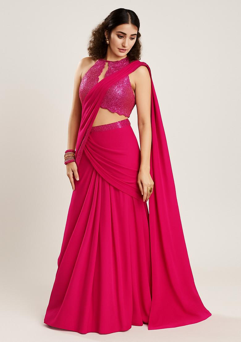 Pink Embellished Blouse Georgette Pre Draped Saree Set