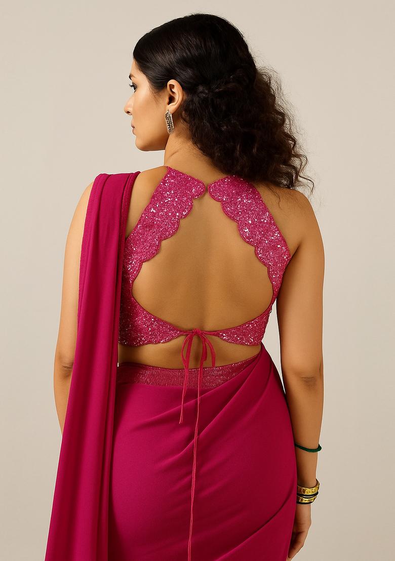 Pink Embellished Blouse Georgette Pre Draped Saree Set