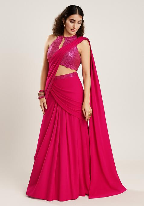 Pink Embellished Blouse Georgette Pre Draped Saree Set