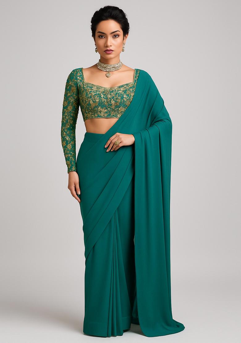 Sea Green Embroidered Blouse Georgette Pre Draped Saree Set